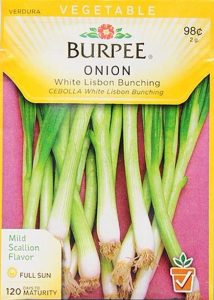 Seed packet for burpee onions. Top: Vegetable - burpee onion - white lisbon bunching - mild scallion glavor - full sun - 120 days to maturity